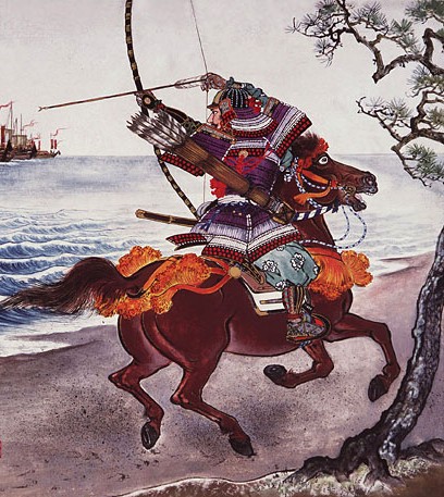 японская картина: самурай верхом на коне. Искусство самураев, японские мечи.